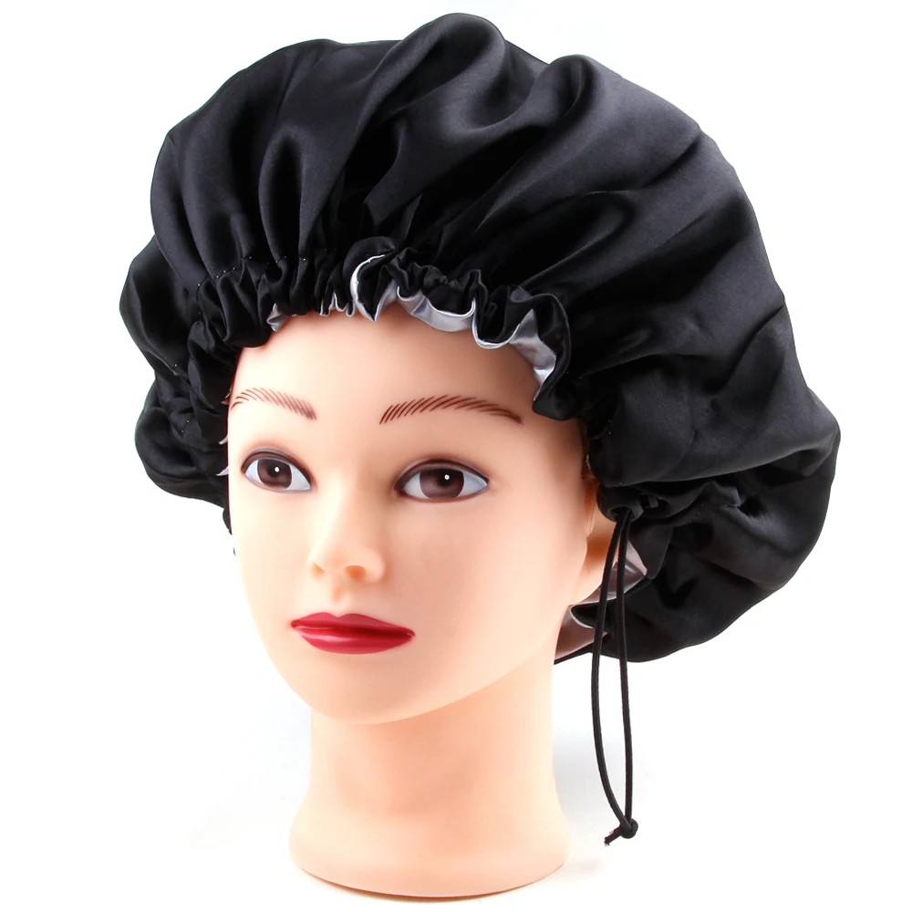 Sleep Satin Hat Curly Reversible Double Layer Layer Satin Night Cap Adjusting Button Silky Bonnet Women Hair Heating Cap Tool 4