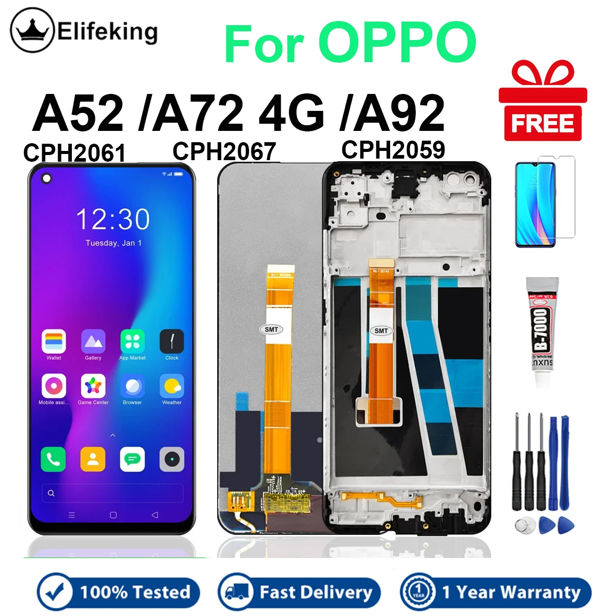 

LCD For OPPO A72 4G A92 A52 Display Touch Screen Digitizer Assembly Replacement CPH2059 CPH2061 CPH2069 CPH2067 with Free Tools