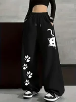 Women's Plus-size Street Style Casual Sweatpants with Cat Paw Print Autumn and Winter Fleece Loose Fit Streetwear Oversized - Image 3