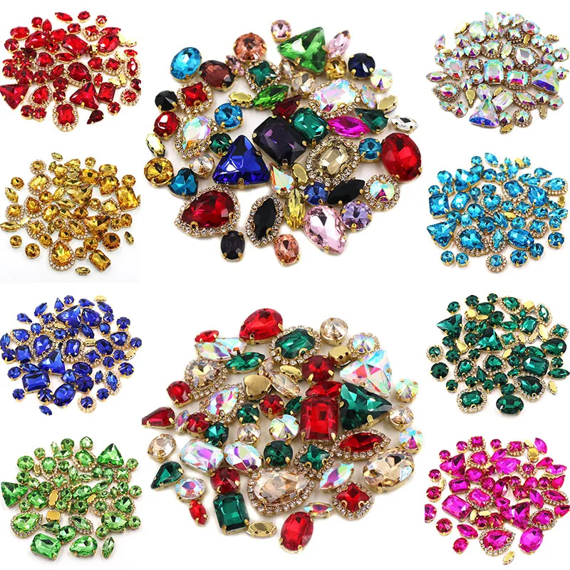 

New Arrival Mix Size Mix Shape Cup Chain Rim Crystal Stones Gold Claw Setting Glass Rhinestone Sewing Clothing Accessories