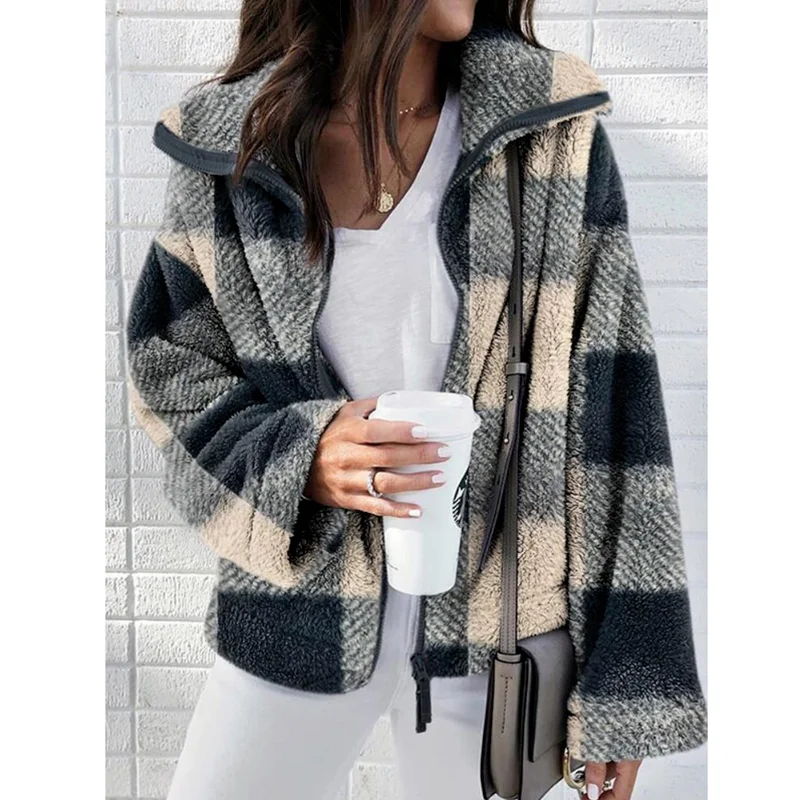  New Fashion Streetwear Zipper Women Jacket Autumn Winter Casual Stitching Plaid Coat Retro Lapel Fluffy Cardigan Pocket Top