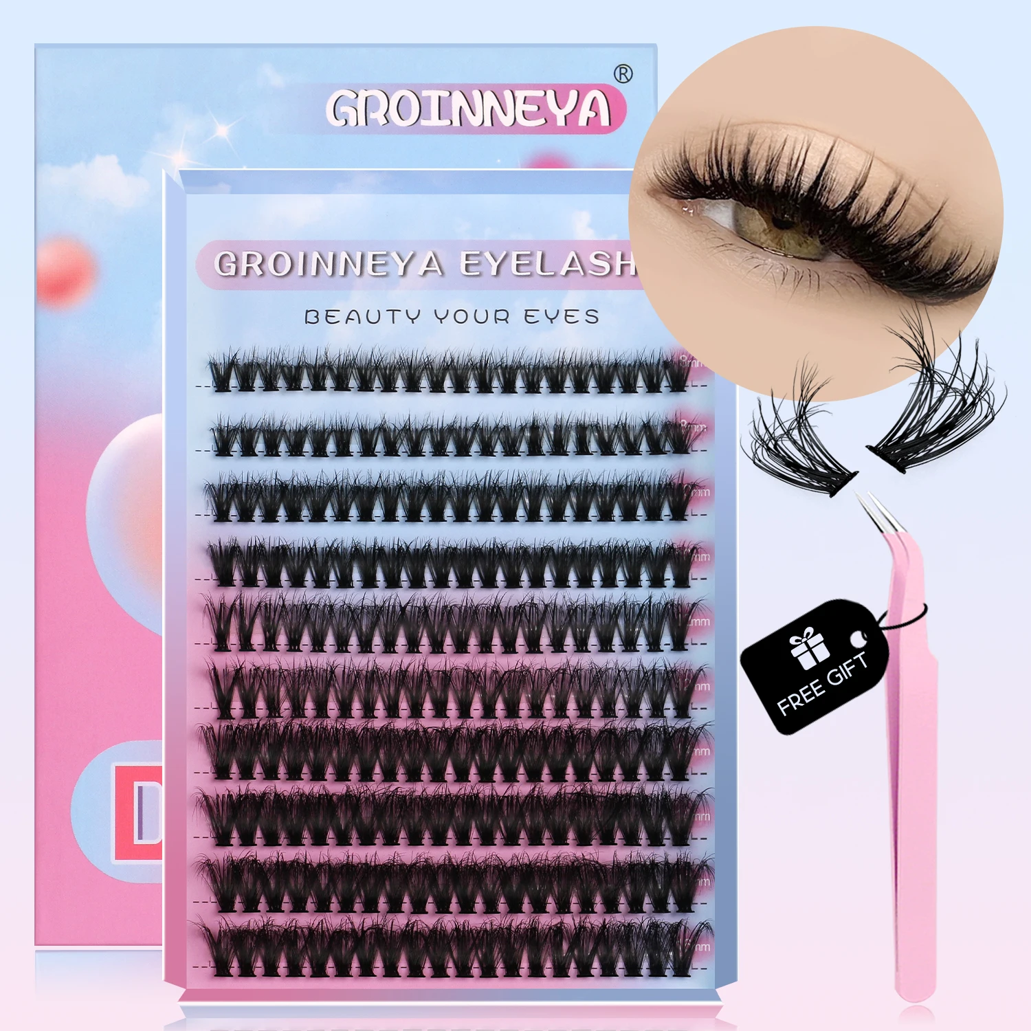 GROINNEYA Lash Extension Kit DIY Lash Clusters Eyelash Extension 30D-120D Individual Lashes Kit with Bond & Seal Tweezers