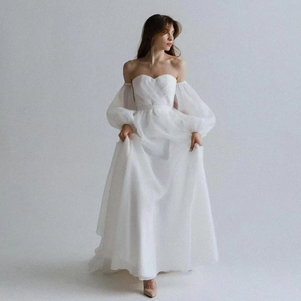

A-Line Strapless Wedding Dress Puff Sleeves Open Back Sweetheart Bride Gown Sexy Backless Organza Robe De Mariée Wedding Gown