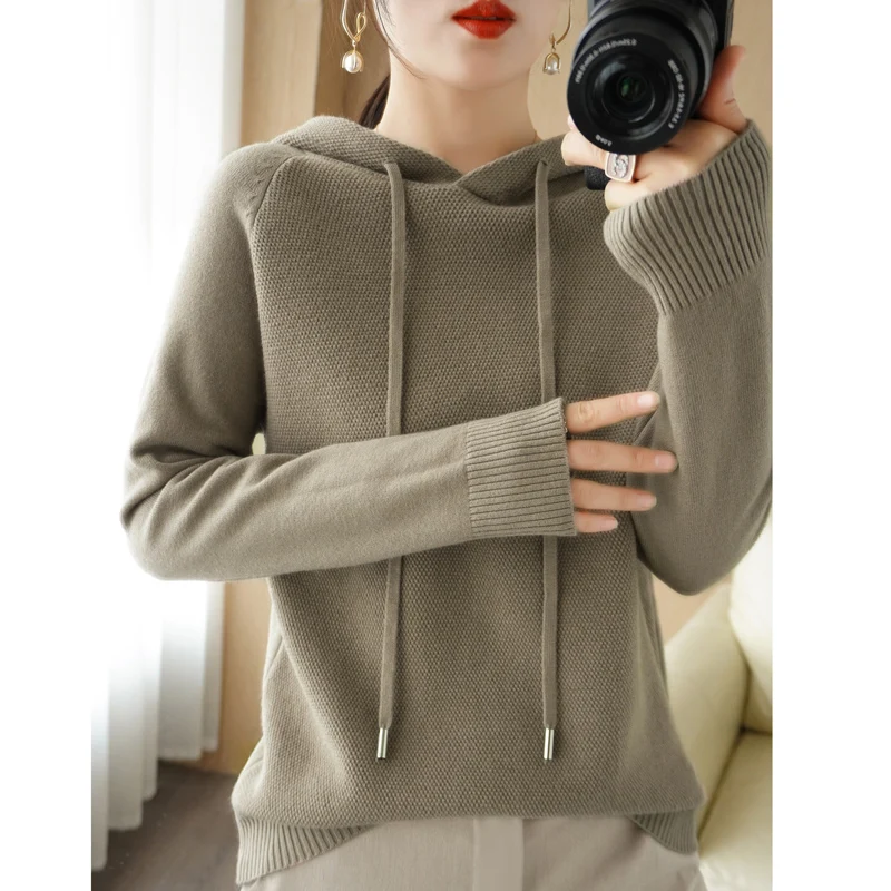 Hot Sale Autumn Winter Hooded Cashmere Sweater Female Pullover Loose 100% Pure Wool Hoodie Languid Lazy  Knitting Base Hoodie men s thickened top 100% wool pure color sweater high lapel jacquard loose pullover large size business casual knitting underlay