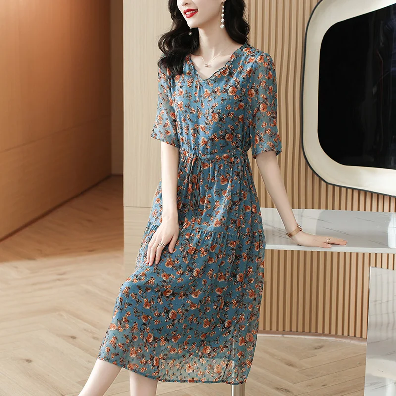 

2023 New Fashion Silk Printed Dress Women's Summer Round Neck 5/4 Sleeve Fragmented Loose Fit Casual Holiday Dress Vestidos
