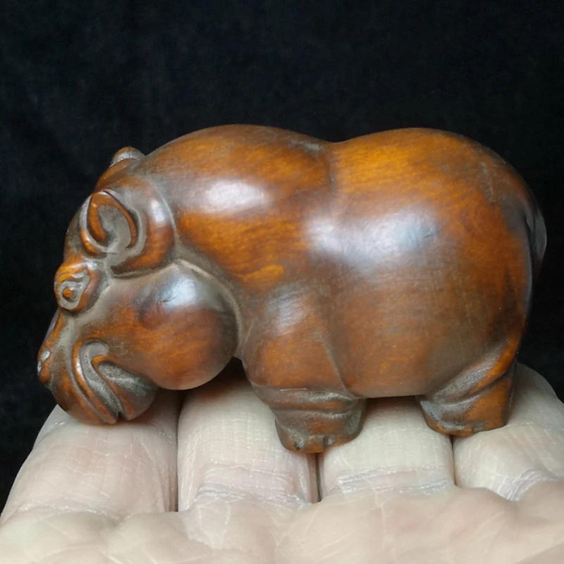 

1919 Japanese boxwood hand carved river horse Figure statue desk Decoration netsuke collectable Gift