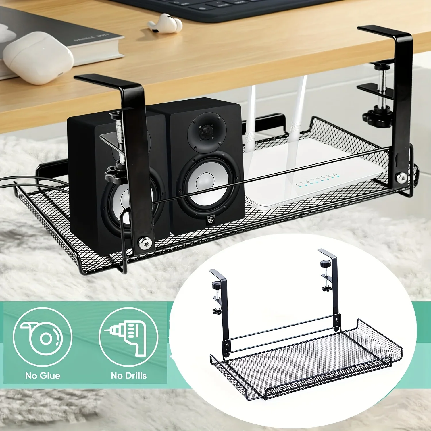 1 storage rack, 2-in-1 cable management bracket under the desk, no drilling, cable hanging organizer suitable for office desks