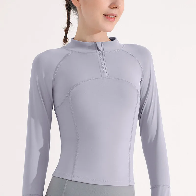 Solid Color Comprehensive Training Fitness Women Sport Jacket Top Stand-up Collar Half Zipper Long Sleeve Yoga Shirt Coat Thumb