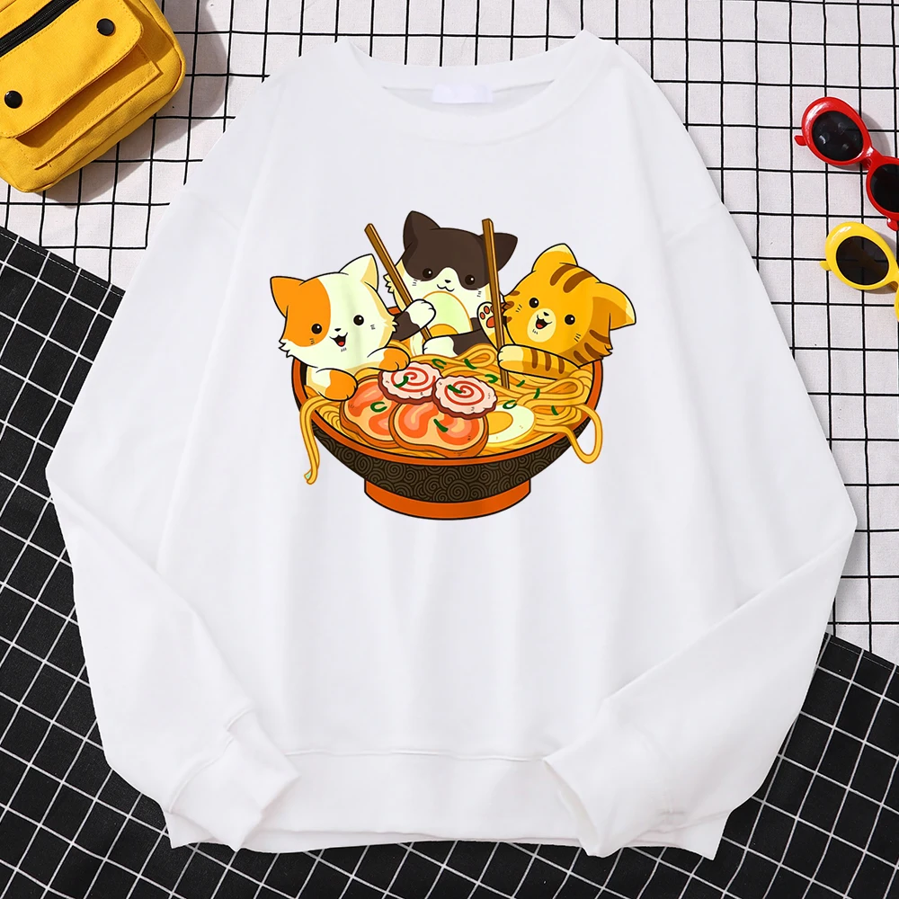 Einfaches Kawaii-Sweatshirt für Frauen, Anime-Katzen, die japanische Ramen-Nudeln essen, bedruckte Hoodies, lockere warme Pullover-Kleidung mit Rundhalsausschnitt – Detail 17