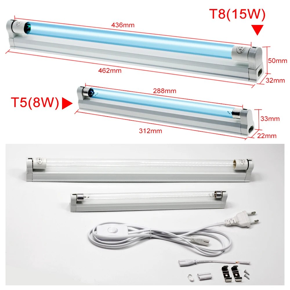 UV Disinfection Lamp 8W 15W Germicidal Light T5 Tube UVC Sterilizer Kill Dust Mite Ozone Sterilizer for Bedroom / Hospital