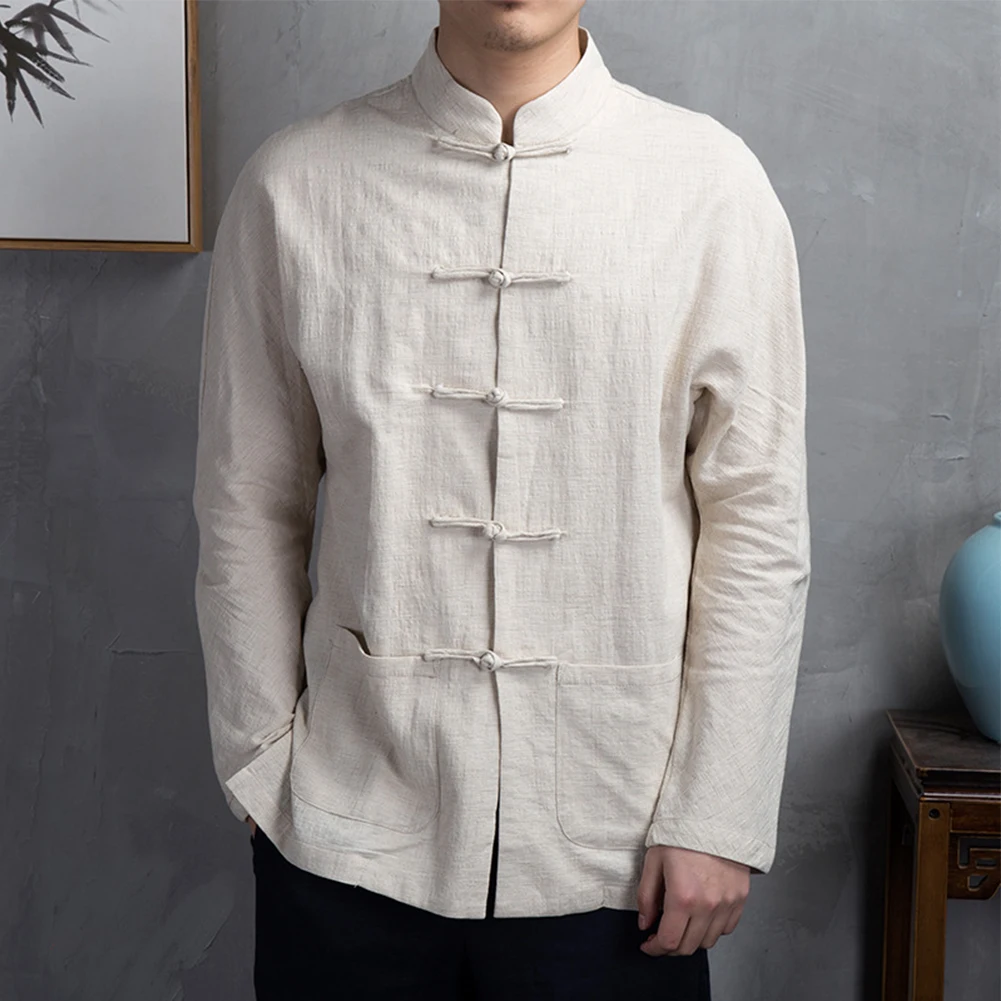 Men Chinese Traditional Kung Fu Tai Chi Coat Tang Suit Uniform Jacket Clothing Long Sleeve Blouse Retro Shirt Button Up Hanfu for chinese dress