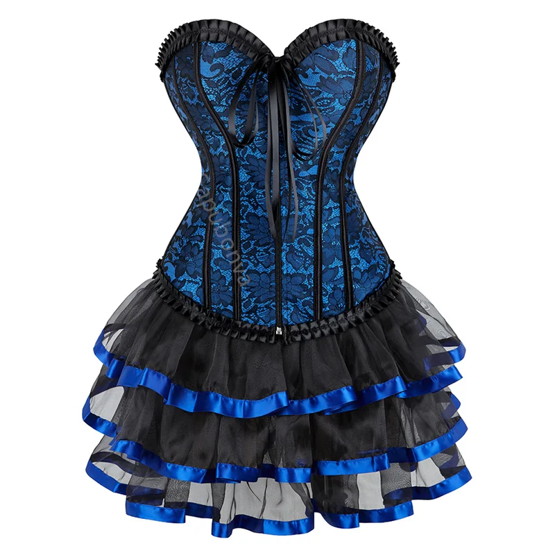 

Blue Corset Dress Bustier Skirt Tutu Set Plus Size Lace Up Gothic Victorian Lolita Vintage Sexy Exotic Burlesque Korsett