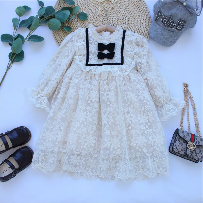 

ATHRUN New Girls Version Long Sleeve Lace Frlower Dress Foreign Lace Bow Tie Princess Dress For Kids