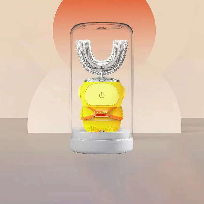 thumbnail image 1 of Cepillo de dientes eléctrico sónico de 360 grados con forma de U, con dibujos animados para niños, recargable por USB, cabezal de cepillo de silicona automático, luz azul para niños, IPX7, 1 of 5