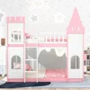 Twin Size Loft Bed Low Bunk Beds,Castle Shaped Wood Bed Frames with Safety Guardrails for Boys or Girls, Pink 1
