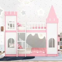Twin Size Loft Bed Low Bunk Beds,Castle Shaped Wood Bed Frames with Safety Guardrails for Boys or Girls, Pink 1