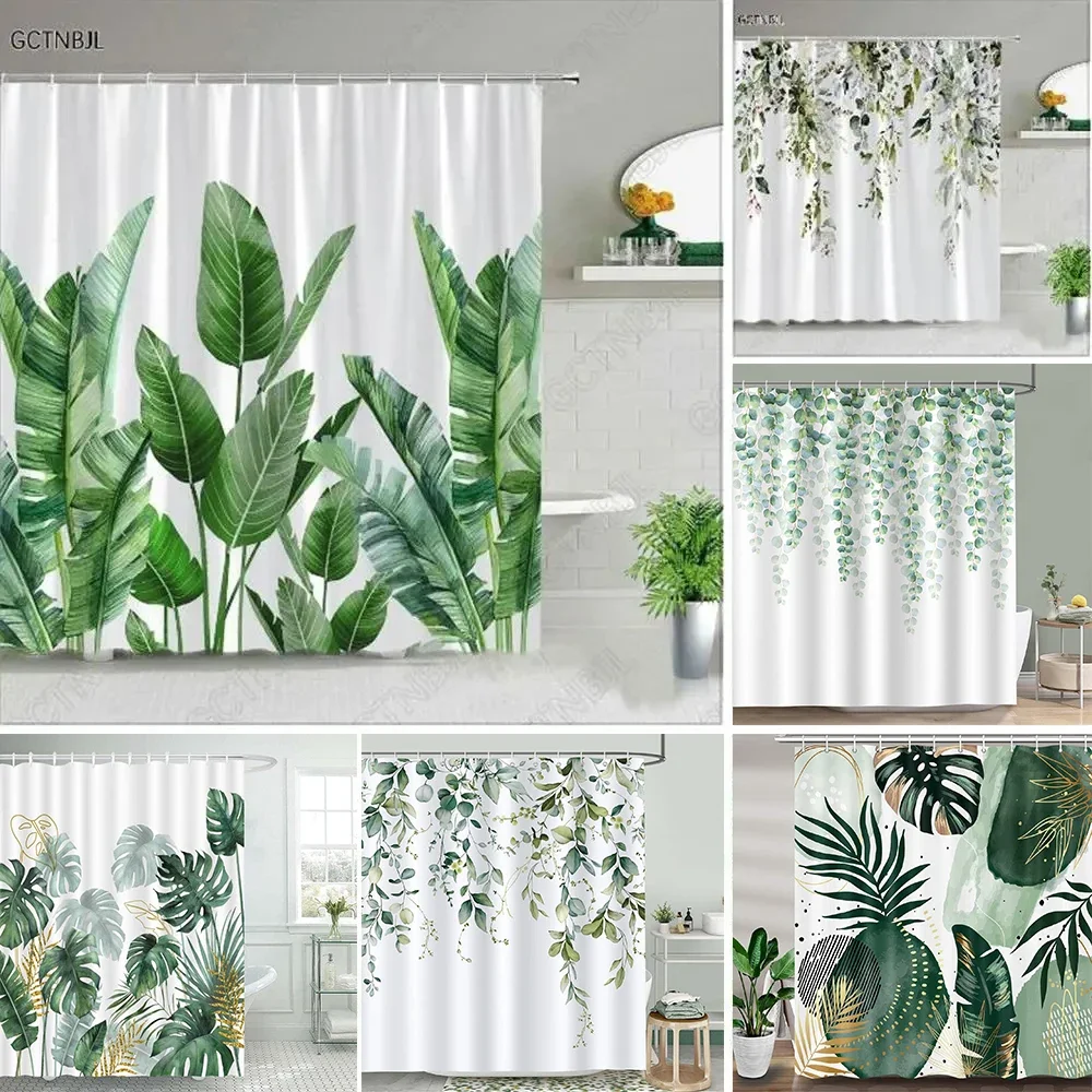 Tropical Palm Leaves Shower Curtain Set with Seasonal Decor Accents