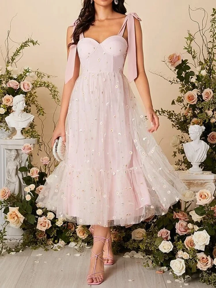 

Pink Floral Embroidery Tie Shoulder Ruffle Hem Bustier Formal Dresses Wedding Guest Gowns Birthday Dress for Women