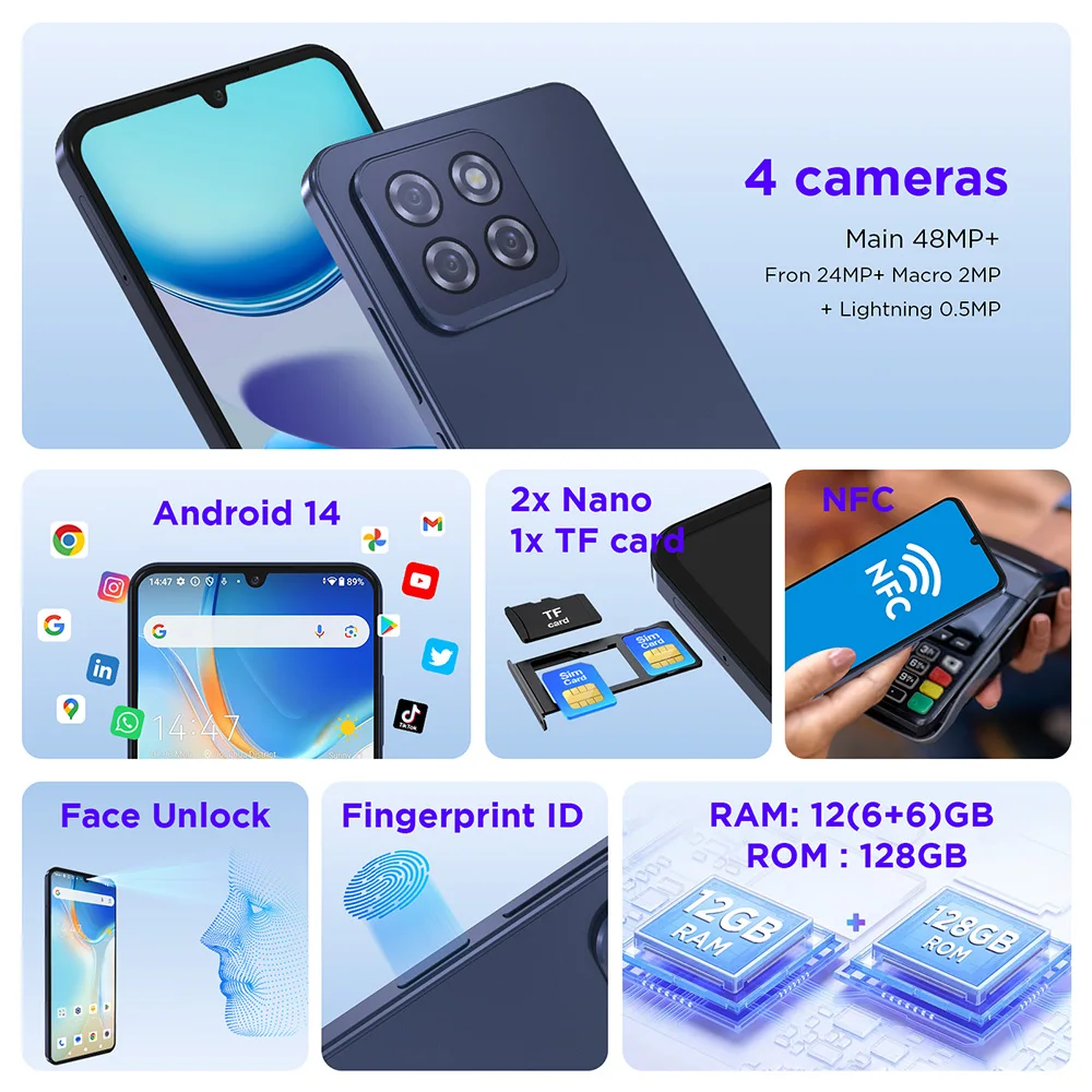 2025 New 6.75" HD+ Smartphone Global Version 12GB+128GB 48MP Camera MTK6765 5000mAh Android 14 Dual SIM NFC Cwowdefu Cell Phone 2