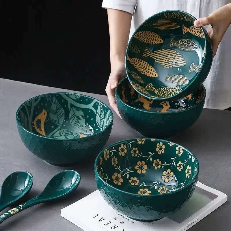 

Japanese-style household creative ramen ceramic large bowl microwave oven tableware embossed soup noodle bowl large bowl