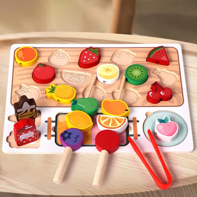 Wooden Montessori Toys for Kids Fruit Skewer Matching Beads Threading Game Educational Logic Training Building Block Game Gifts