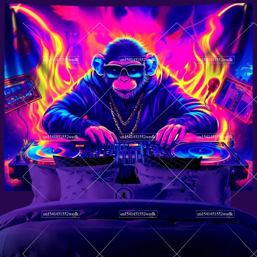 Tiere DJ Gorilla Musik Schwarzlicht Wandteppich UV Reaktive Galaxy Fluoreszierende Wandteppiche Raumdekoration Ästhetische Neon Party Kulissen – Detail 2