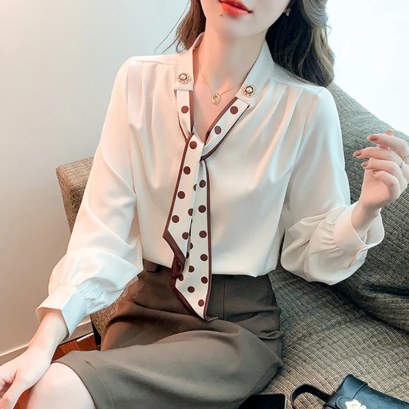 

Новинка Осень 2022, модная рубашка с длинным рукавом, женская элегантная блузка на шнуровке с V-образным вырезом и бантом, шикарные женские блузки в Корейском стиле