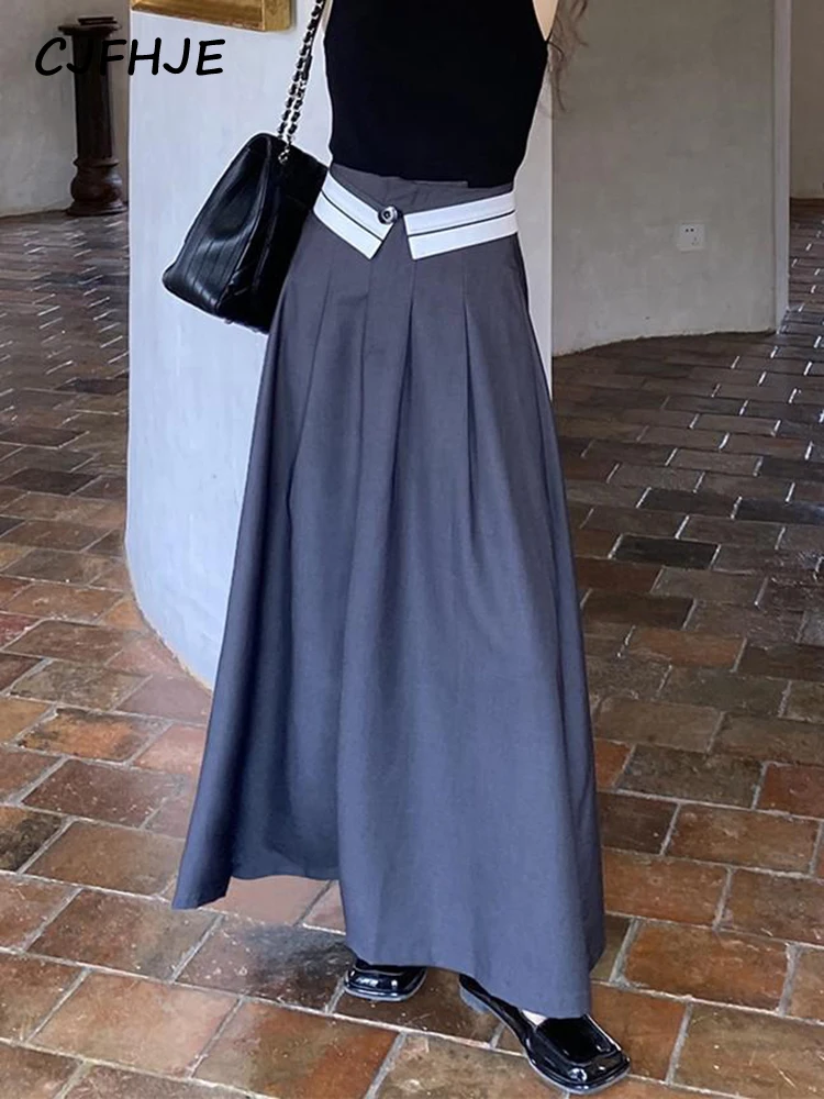 

CJFHJE Loose Patchwork Casual High Waist A-line Long Skirt Women Vintage Gray Pleated Skirt Female Black Korean Chic Maxi Skirts