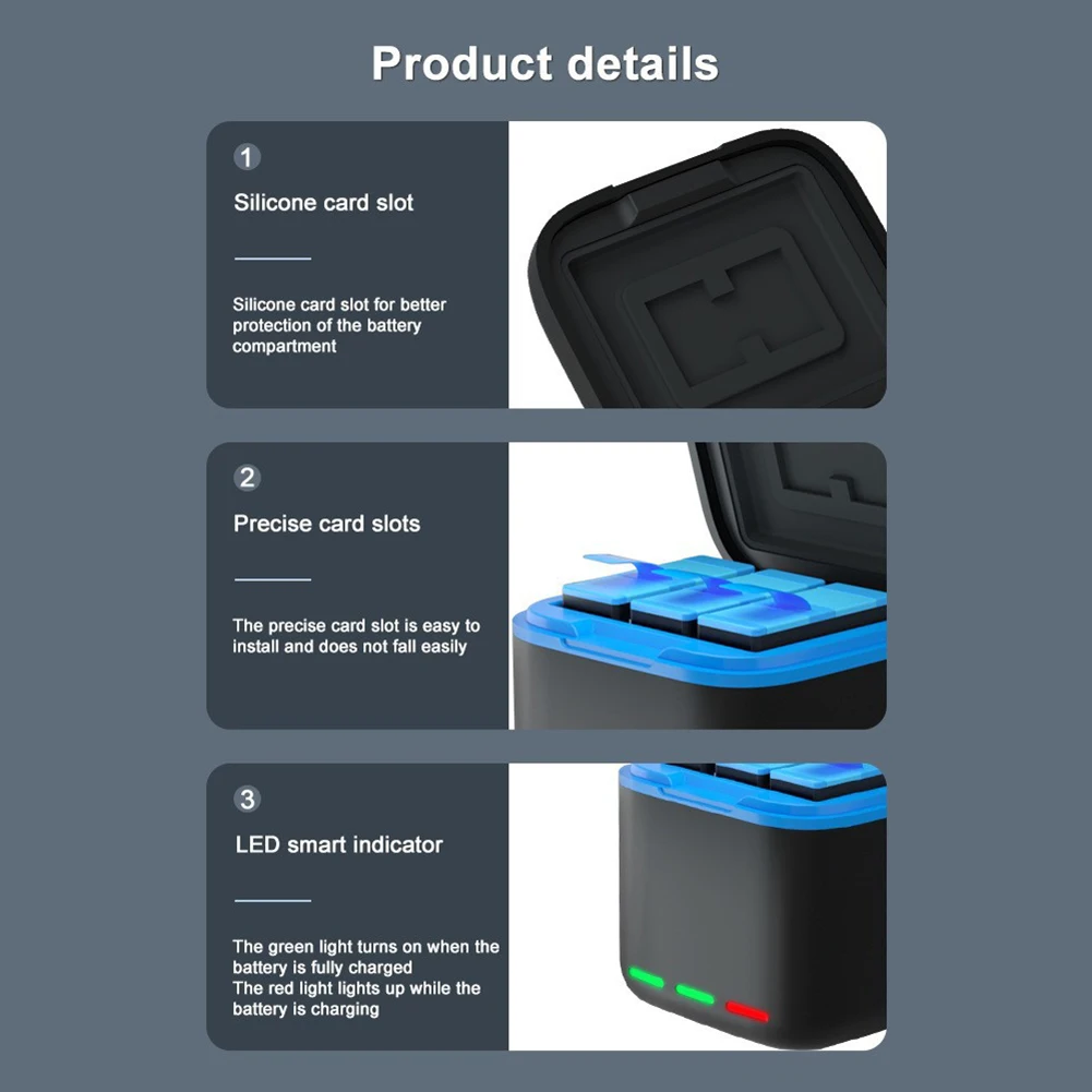 3-Channel Battery Charger with Type C Cable Fast Charger Batteries Storage Case for GoPro Go Pro Hero 8 7 6 5 Camera Accessories