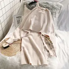 

Fashion 2 Piece Set Women Sexy V Neck Slim Fit Bodycon Dress Woman And Solid Color Loose Knit Sweaters 2020 Chic Two Piece Suit