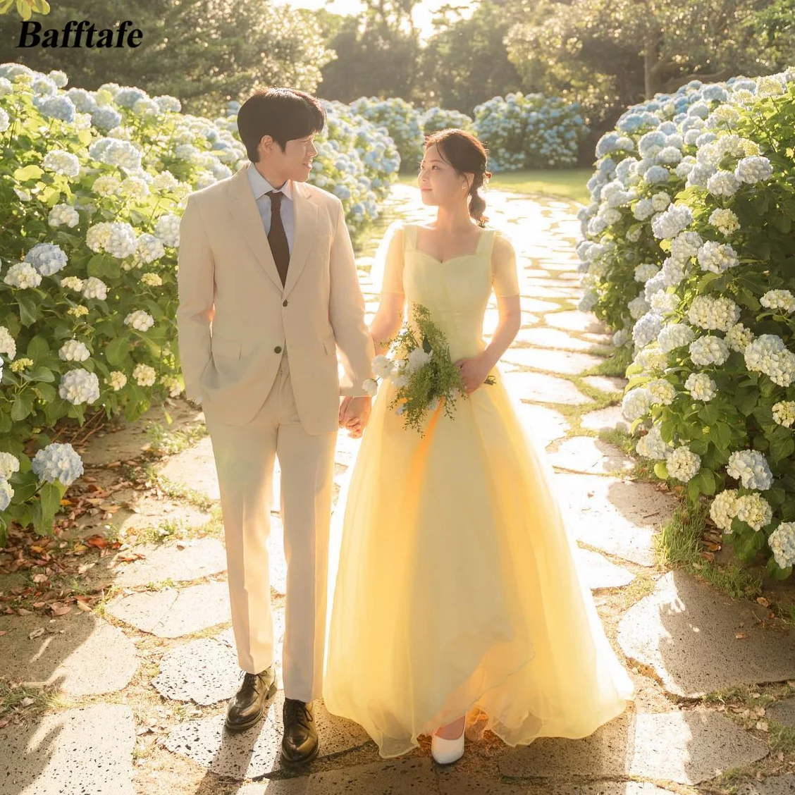 

Bafftafe Simple Yellow Organza Evening Dresses Korea Lady Formal Prom Gowns Short Sleeves Bride Wedding Photo Shoot Party Dress
