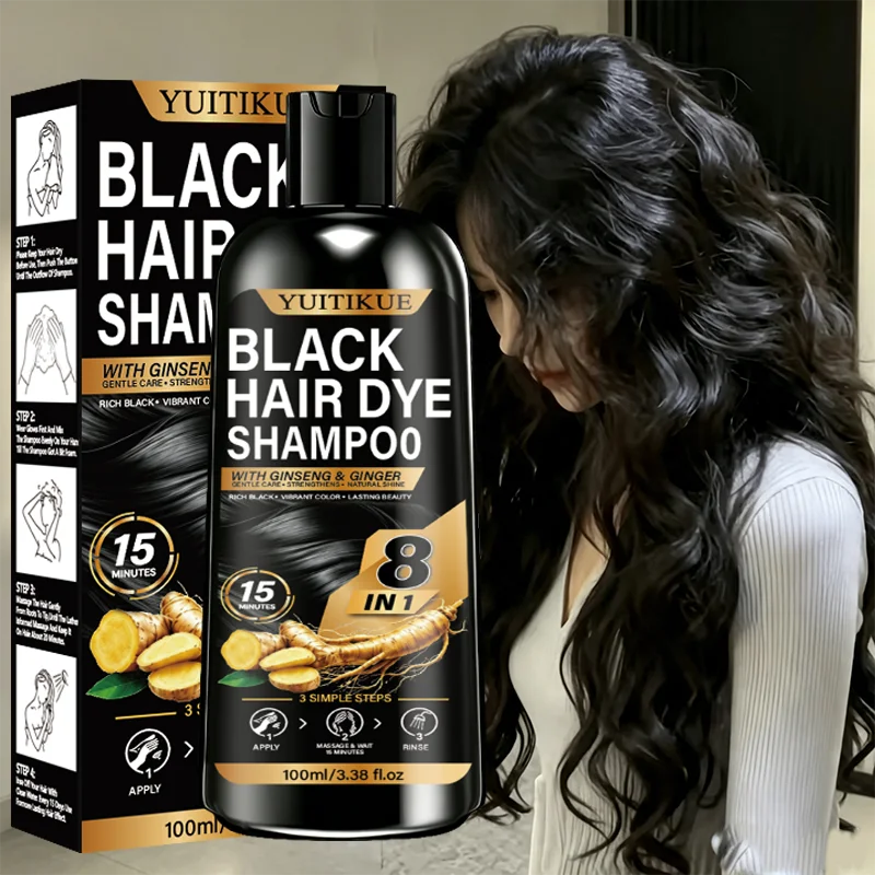Black Hair Dye Shampoo 8 In 1 15 Mins Fast Coloring Ginseng Ginger Nourishing Natural Shine Hair Care Shampoo 100ml
