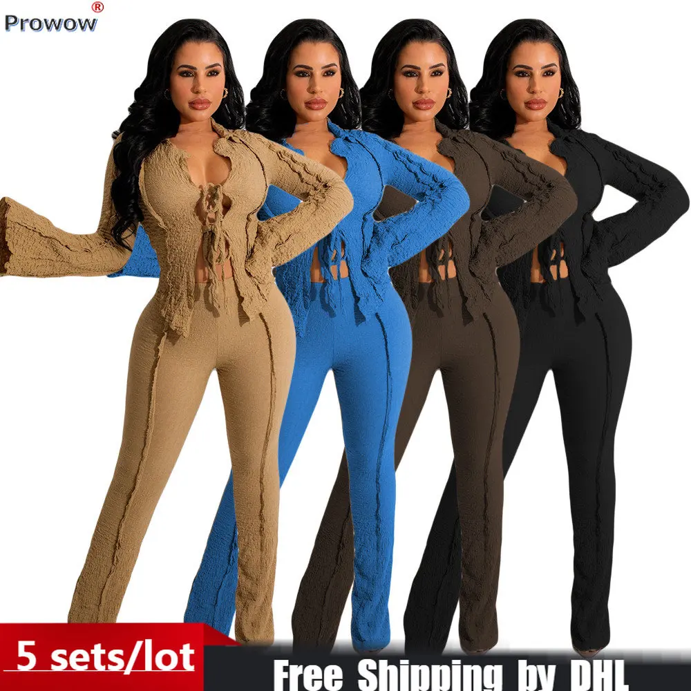 

2023 Fall Elegant 2 Piece Set Women Flare Sleeve Matching Outfit Sexy Bandage Lady Pants Suit Cardigan + Trousers Wholesale 8621