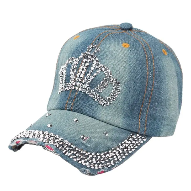 Women Bling Tiara Distressed Denim Baseball Cap Rhinestones Embellished Washed Retro Style Adjustable Hat 5