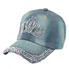 Women Bling Tiara Distressed Denim Baseball Cap Rhinestones Embellished Washed Retro Style Adjustable Hat 5