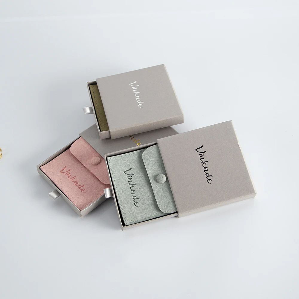Grey Drawer Jewelry 9x9x1.7cm Box with 8x8cm Microfiber Button Gift Bag Set Can Personalized Logo for Wedding Christmas Ramadan