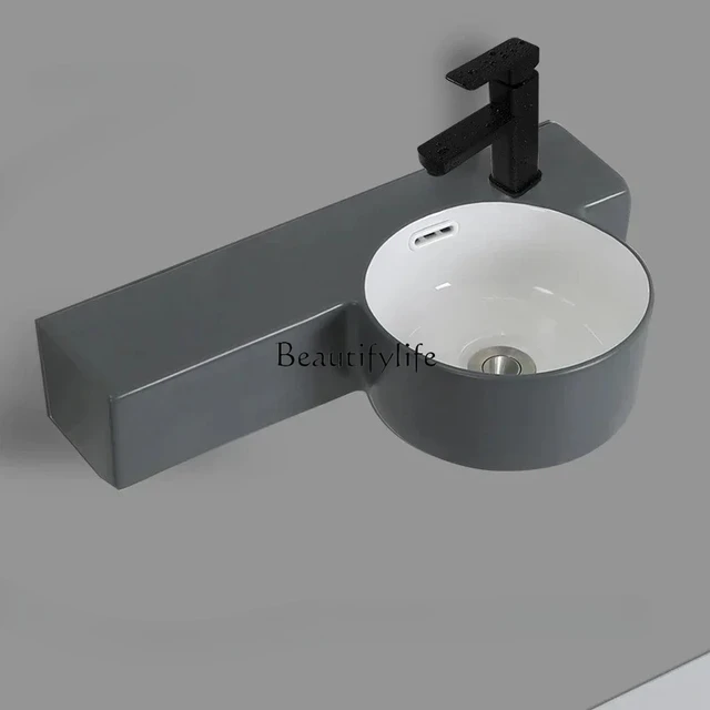 อ่างล้างหน้าเซรามิกติดผนังสำหรับห้องน้ำ อุปกรณ์ห้องน้ำแบบเรียบง่าย เหมาะสำหรับอพาร์ทเมนต์ ดีไซน์แคบ ติดผนัง 3