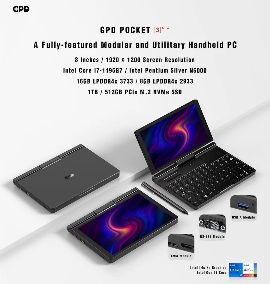 New GPD Pocket 3 Mini Laptop PC Intel Core I7 16GB+1TB Pentium 