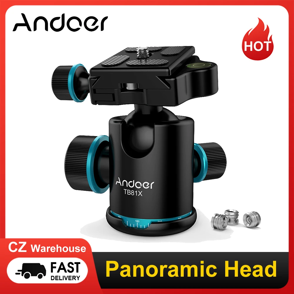 Tripod Ball Head Camera Panoramic Head Andoer TB81X Tripod Head Ball Head Rotating Panoramic BallHead 3pcs 1/4" to 3/8" Srew Adapters for Monopod DSLR Camera