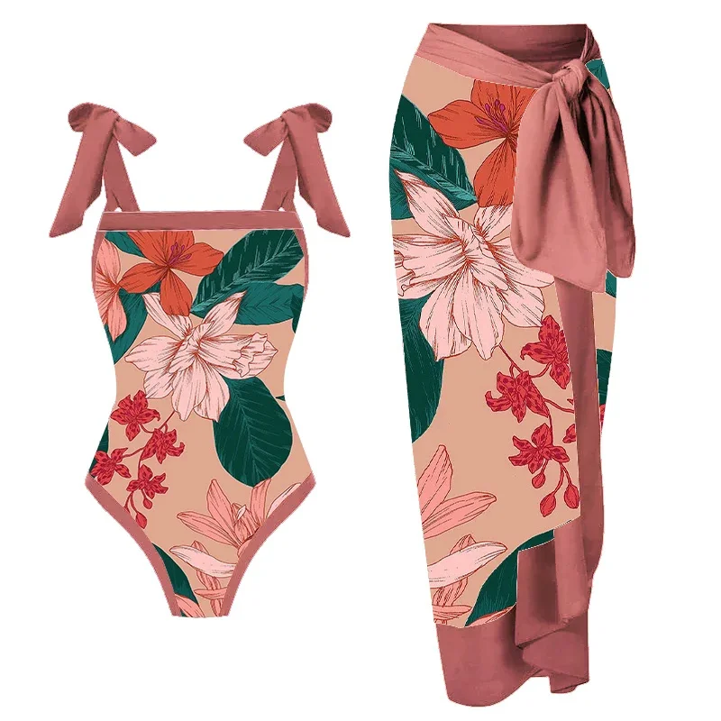SUNSIREN Floral Print Burgundy Fashion One-Piece Swimwear Women Sexy Swimsuit Boho Print Spa Resort Brazilian Bikini Cover Up