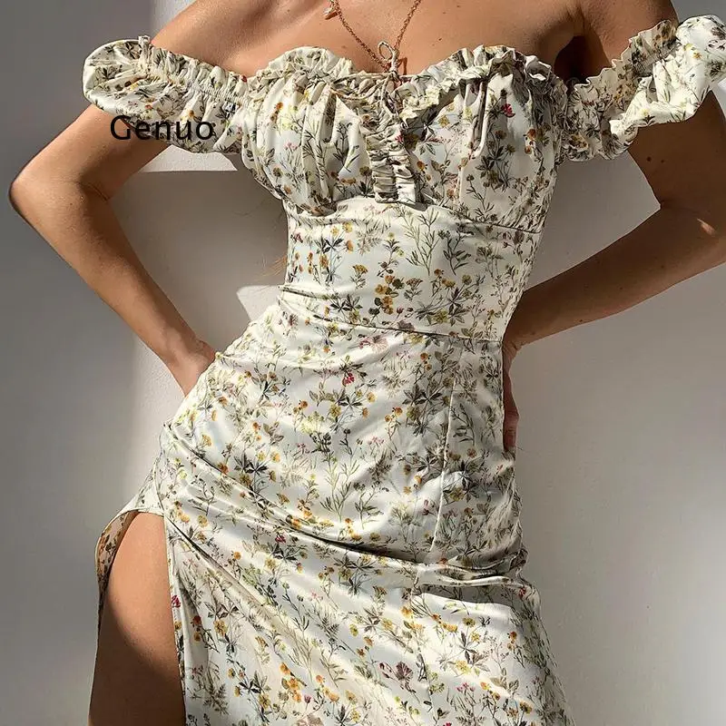 

2022 Summer Floral Off Shoulder Puff Sleeve Maxi Dress for Woman Robe Sexy Lace Up Side Split Chic Mid-Calf Aesthetic Dress