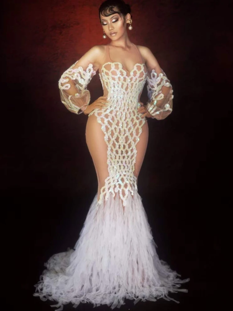 

Spaghetti Strap Nude Shining White Sequins Gauze Sexy Long Dress For Women Evening Party Club Clothing Entertainer Costumes