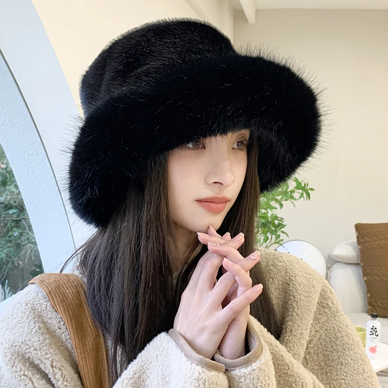 2023 Big Faux Fur Fluffy Bucket Hat for Women Luxury Plush Winter Hat Thicken Snow Oversized Fur Bucket Hat Soft Big Panama Cap 2
