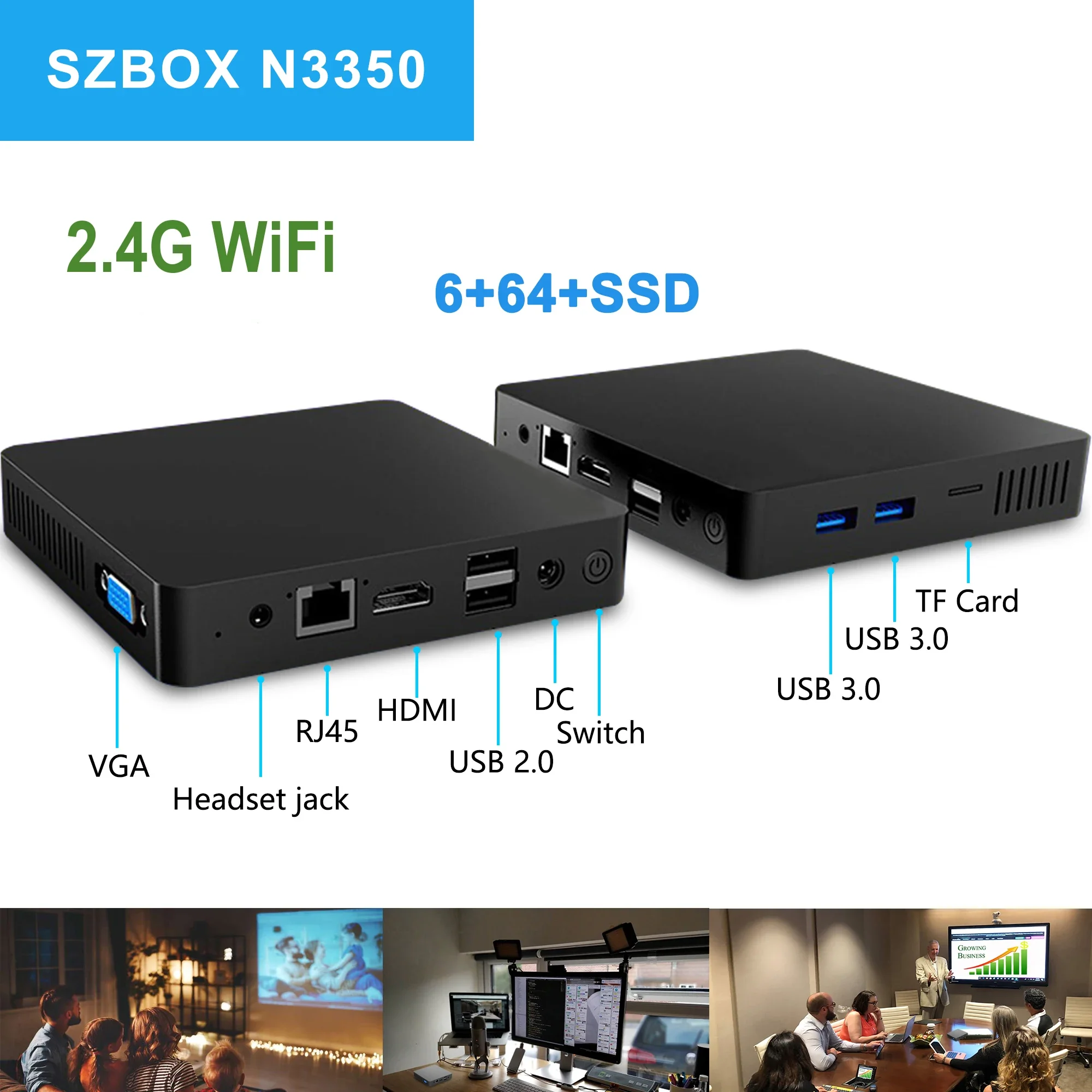 

SZBOX N3350 Mini PC 6GB 64GB Windows 10 PRO 2.4G WiFi 1000M BT4.0 HD VGA Office Desktop Computer Support M.2 SATA SSD