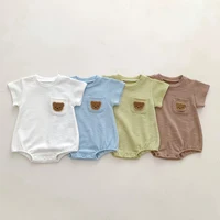 Summer Baby Clothes Newborn Jumpsuit Boy Romper Solid Color with Pockets Bear Embroidery Print 0-2yrs 2