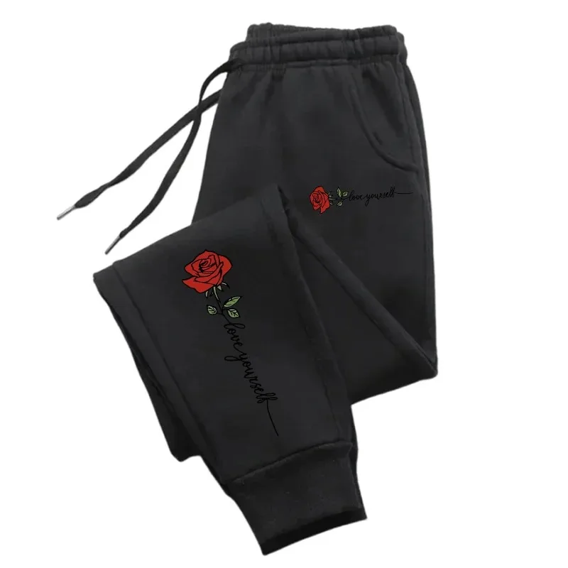 Hot Selling Casual Couple Pants Fashionable Rose Love Yourself Printed Hip-Hop Trousers with Drawstring Sweatpants S-3XL 2