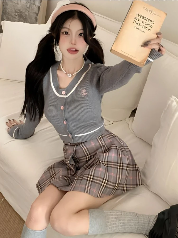 

Deeptown Korean Fashion Knitted Cardigan Women Harajuku Vintage Embroidery Cropped Sweater Female V-neck Slim College Tops Y2K