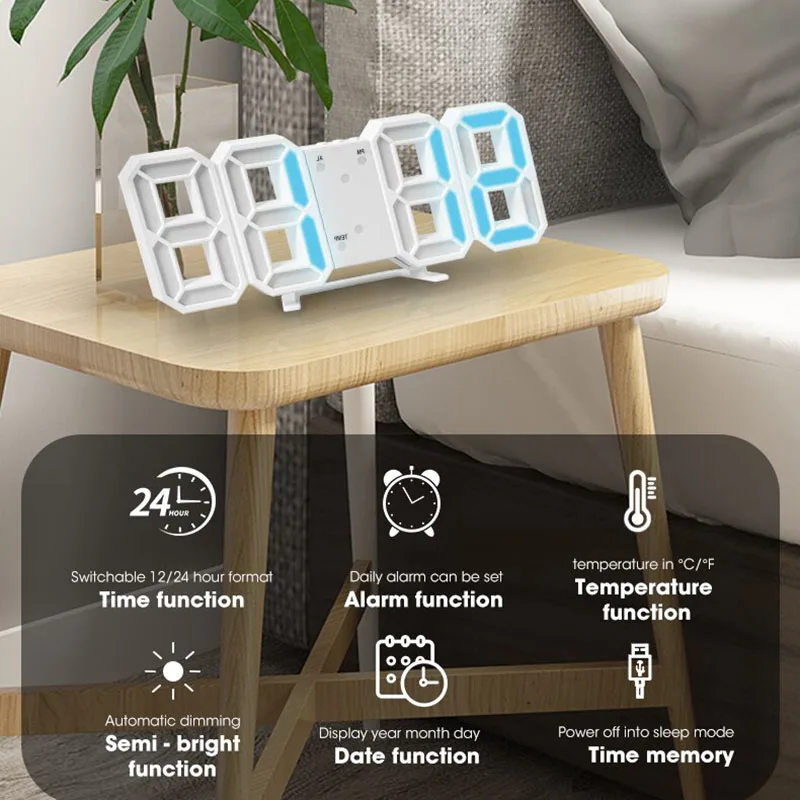 3D LED Digital Alarm Clock Wall Clock, Desk Alarm Clock,Time/Date/Temperature for Home/ Kitchen/Office