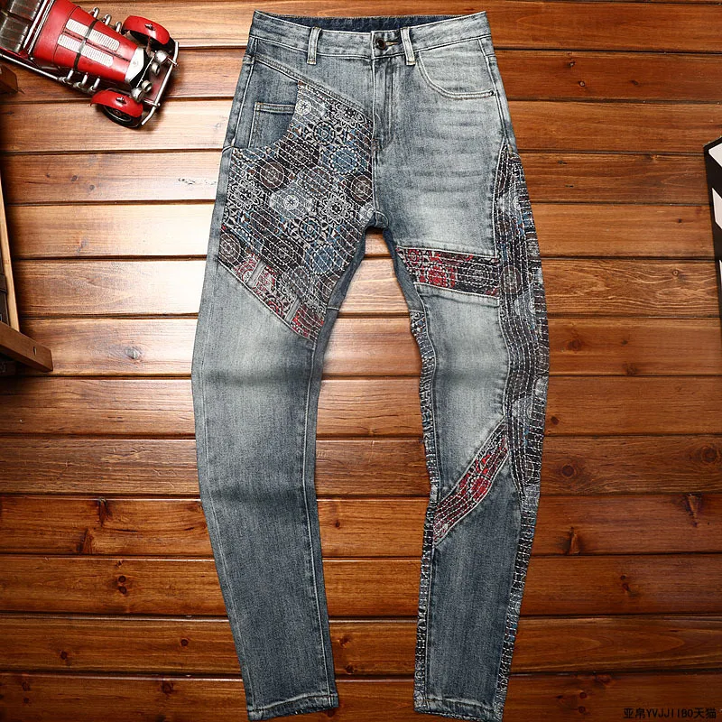 Pattern Embroidered Jeans Men's 2024 Fashionable New Men's Street Stretch Personality Handsome Casual Retro Distressed Trousers retro trendy rhinestone denim harem pants female 2024 spring fashion loose natural waist twist pattern cropped jeans for women