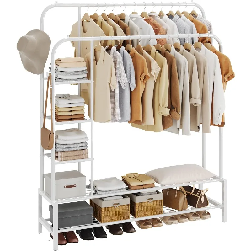 

Double Rods Portable Garment Rack for Hanging clothes, 49.4 * 64.5 Inch Metal Clothing Rack with Bottom Shelves and 4 Hooks